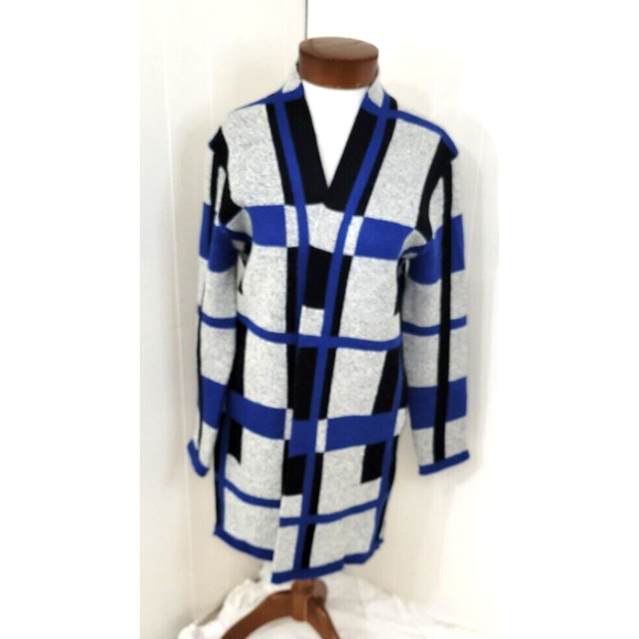 Baciano Womens Medium Gray Blue Black Color Block Maxi Long Sleeve Open Cardigan - Picture 1 of 9